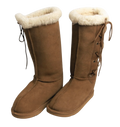 Pair of knee high lace up brown suede boots with white Australian sheepskin wool fur lining on a white background