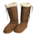 Pair of knee high lace up brown suede boots with white Australian sheepskin wool fur lining on a white background